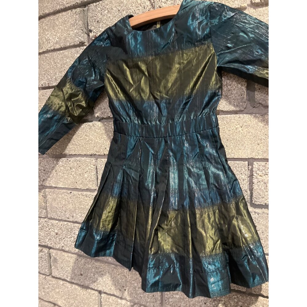 Metallic Green & Blue Shimmer Pleated Dress - Picture 2 of 9